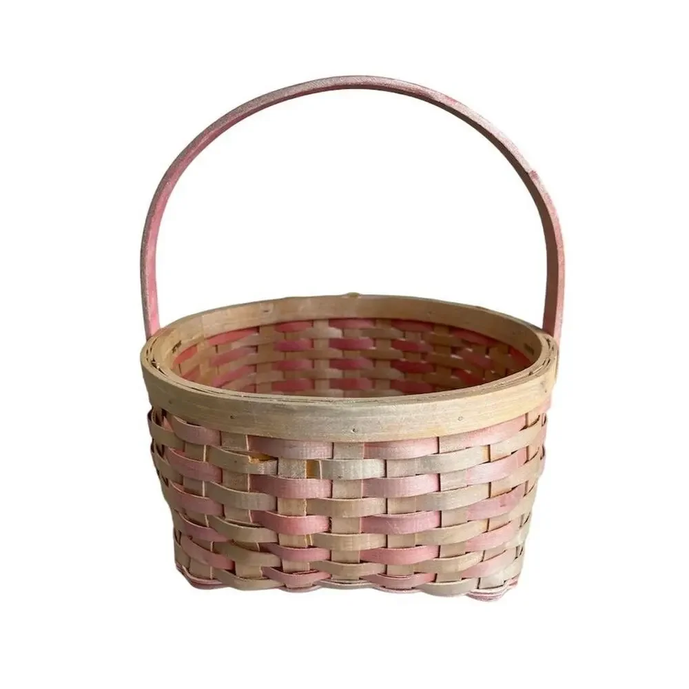 Vintage Pink and wood Woven Basket with Handle 9”x9” Round